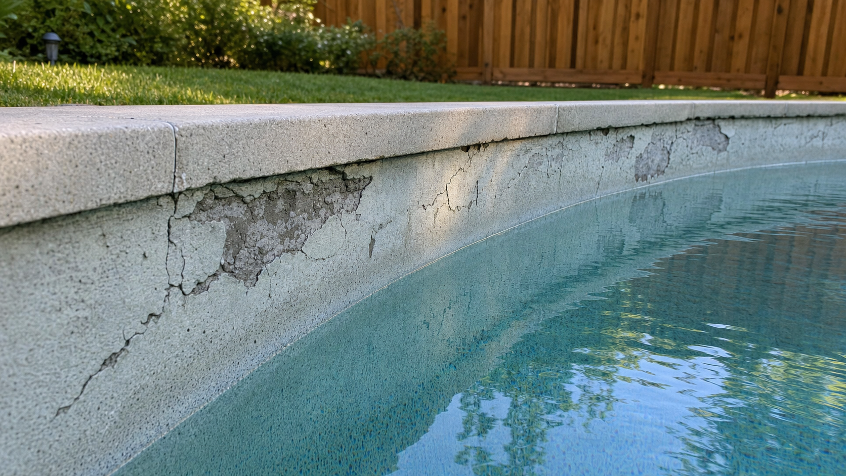 Cracked and chipping pool plaster on a gunite pool in Cape Cod showing signs it needs resurfacing