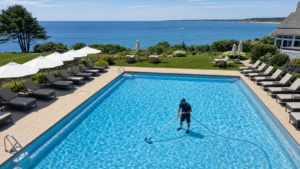 Pool service technician cleaning a commercial swimming pool in Hyannis, MA