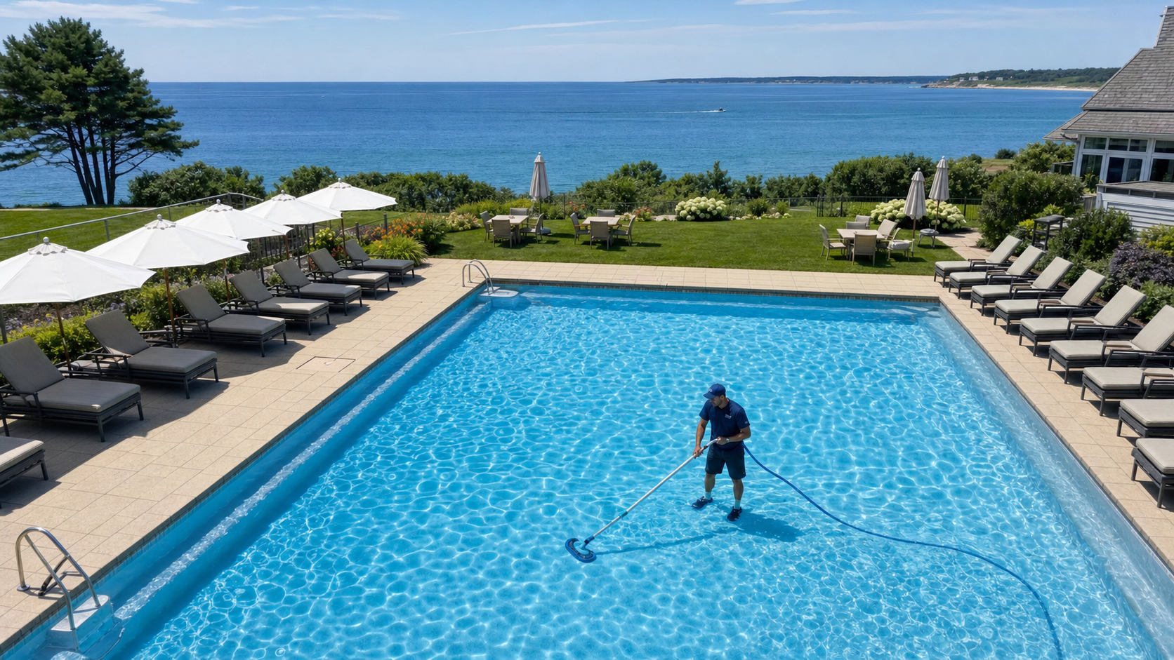 Pool service technician cleaning a commercial swimming pool in Hyannis, MA