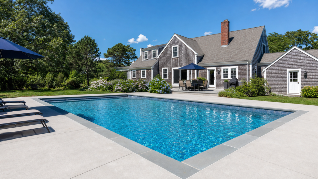 Beautifully renovated inground swimming pool with new coping and deck at a Barnstable Massachusetts home