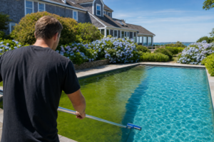 Pool worker clearing green algae from a swimming pool in a coastal Massachusetts backyard