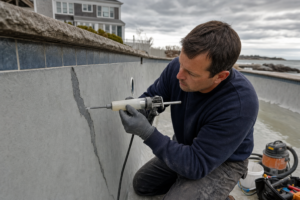 Pool repair technician injecting epoxy into a structural crack in a gunite pool wall on Cape Cod