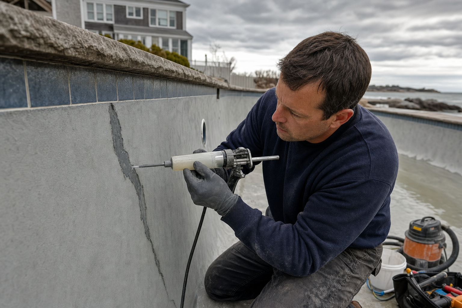 Pool repair technician injecting epoxy into a structural crack in a gunite pool wall on Cape Cod