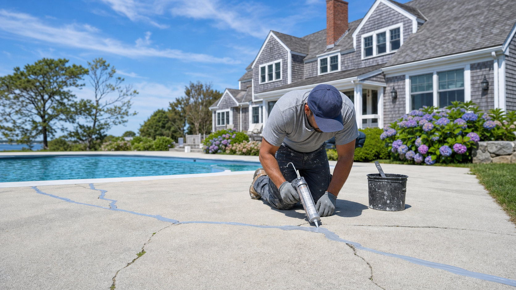 Professional applying crack filler to a cracked concrete pool deck at a Hyannis Massachusetts residential pool
