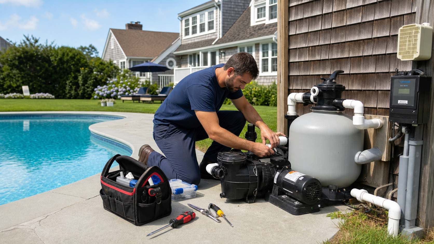 Pool technician repairing pool pump and filter system beside a Cape Cod residential pool
