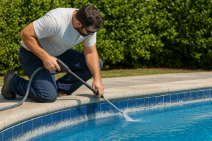 Pool tile cleaning specialist pressure washing calcium scale from waterline tiles in Yarmouth Massachusetts