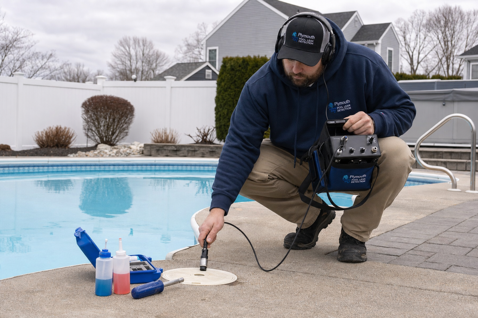Pool leak detection specialist using electronic equipment at a residential pool in Plymouth, MA