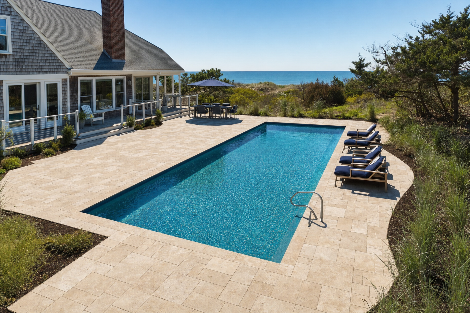 Newly installed travertine pool pavers surrounding a residential pool in Cape Cod, MA