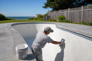 Pool plasterer applying fresh white plaster to a residential pool in Cape Cod, MA