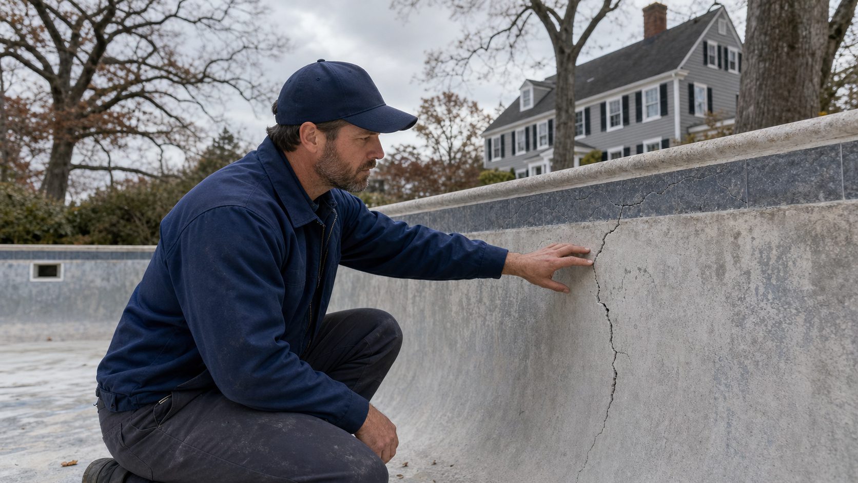 Pool repair technician inspecting a cracked gunite pool wall in Plymouth, MA